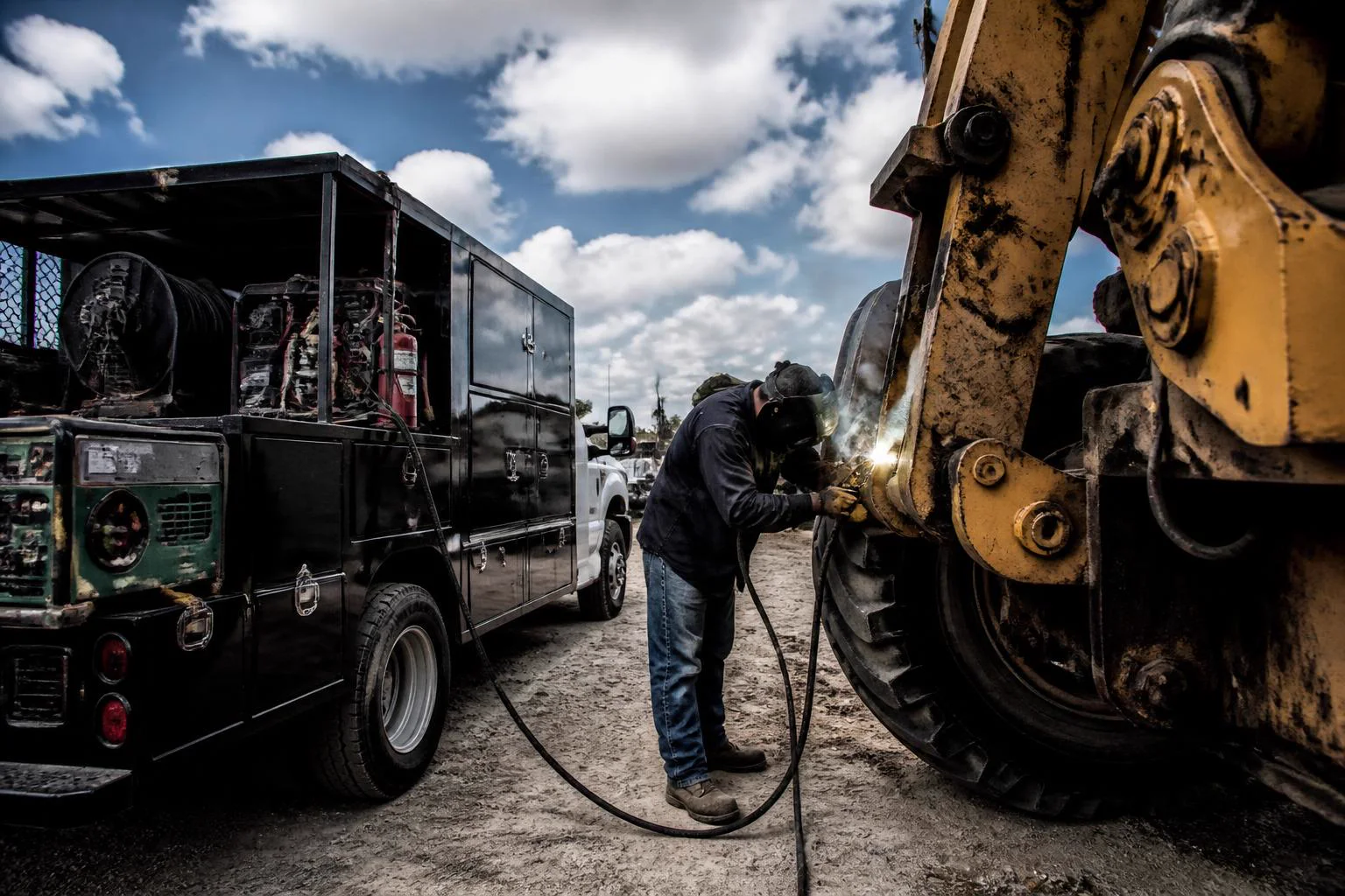Mobile welder repairing heavy equipment
