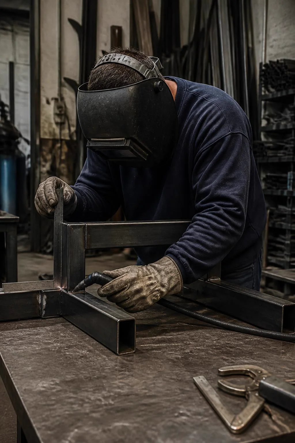Welder fitting a custom steel frame in the Miller's shop