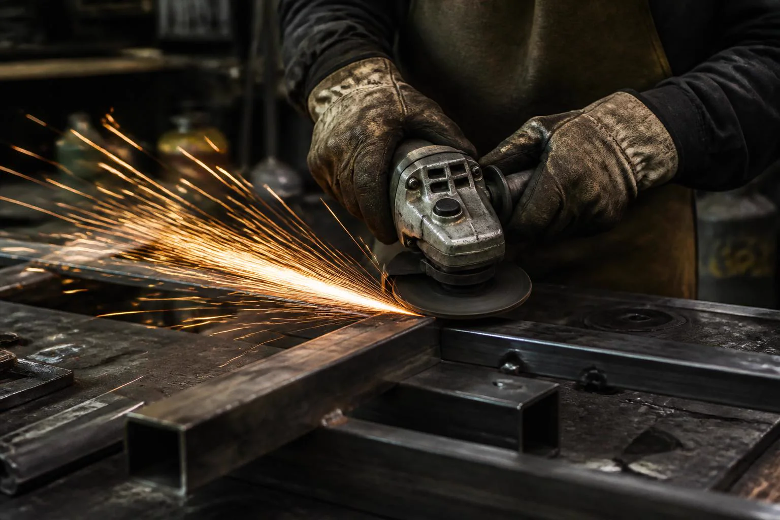 Steel tubing being finished with an angle grinder